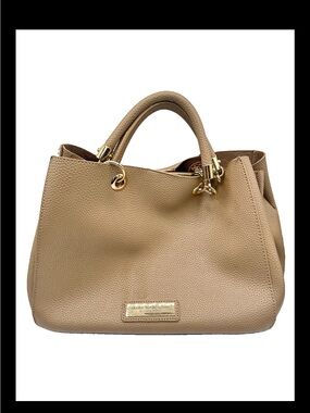 Andrew Marc Pebbled Leather Camel/Taupe Triple Compartment Shoulder Satchel